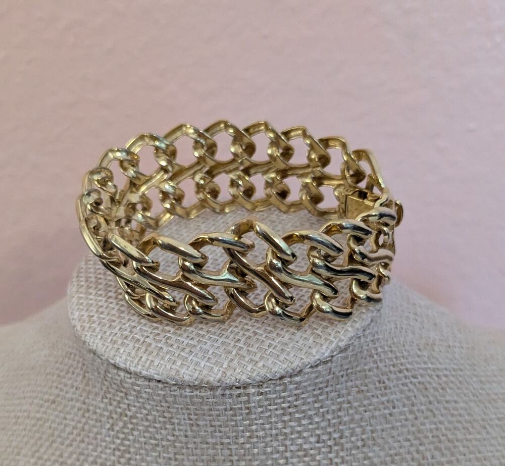 Vtg Wide Gold Tone Woven Chain Bracelet 7.5" Statement Interlocking Link 70s 80s